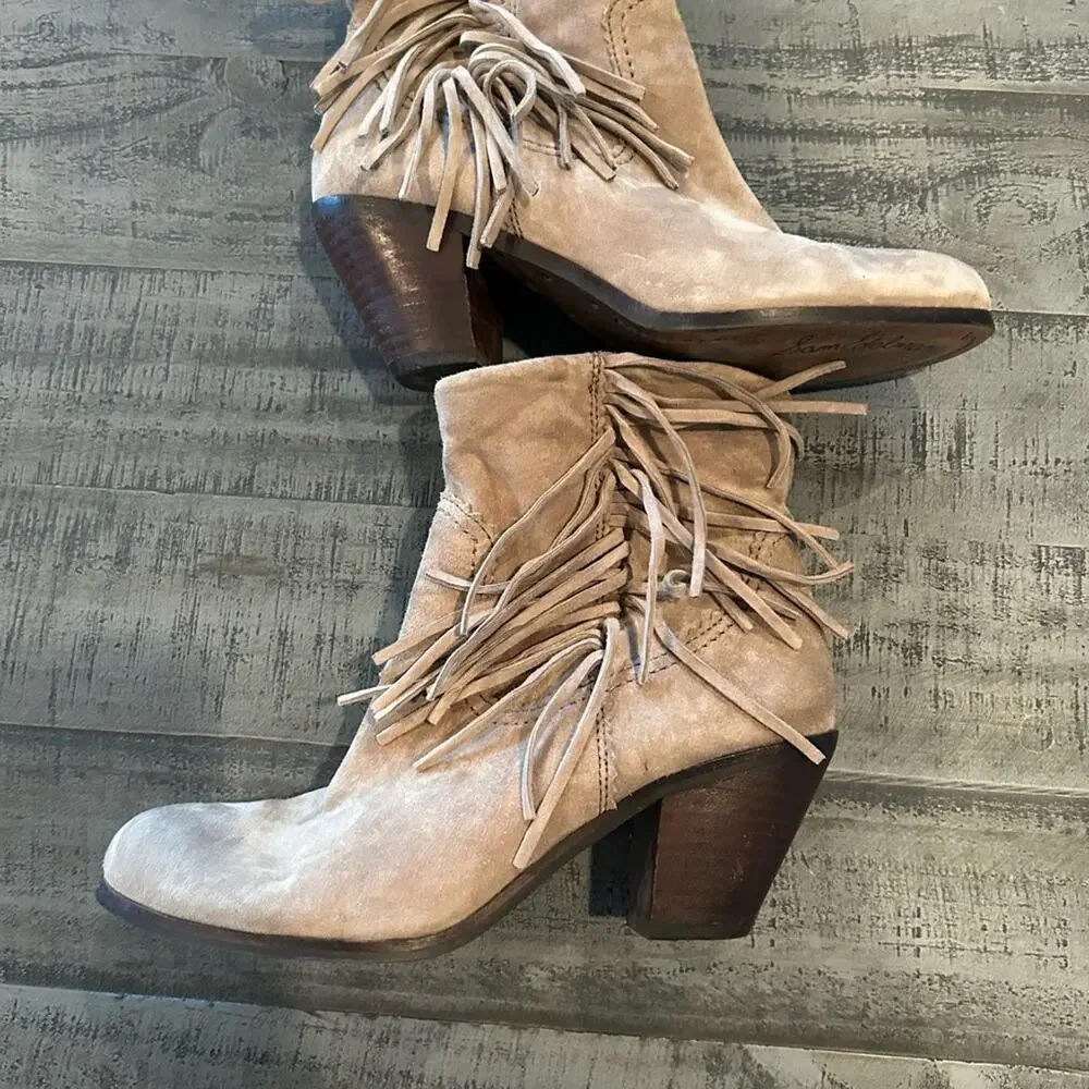 Sam Edelman Louie Tan Fringe Boho Booties Western Suede Booties - 7.5 Taupe Gray - Picture 2 of 8